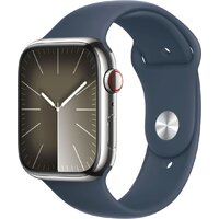 Apple Watch Series 9 LTE 41 мм (корпус из нержавеющей стали, серебристый/грозовой синий, спортивный силиконовый ремешок S/M) Image #1