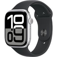 Apple Watch Series 10 46 мм (алюминиевый корпус, серебристый/черный, спортивный силиконовый ремешок S/M) Image #1