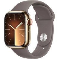 Apple Watch Series 9 LTE 41 мм (корпус из нержавеющей стали, золотистый/темно-серый, спортивный силиконовый ремешок S/M) Image #1