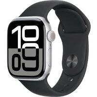 Apple Watch Series 10 42 мм (алюминиевый корпус, серебристый/черный, спортивный силиконовый ремешок S/M)