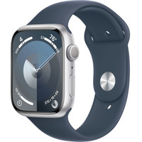 Apple Watch Series 9 45 мм (алюминиевый корпус, серебристый/грозовой синий, спортивный силиконовый ремешок M/L)