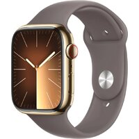 Apple Watch Series 9 LTE 45 мм (корпус из нержавеющей стали, золотистый/темно-серый, спортивный силиконовый ремешок M/L)