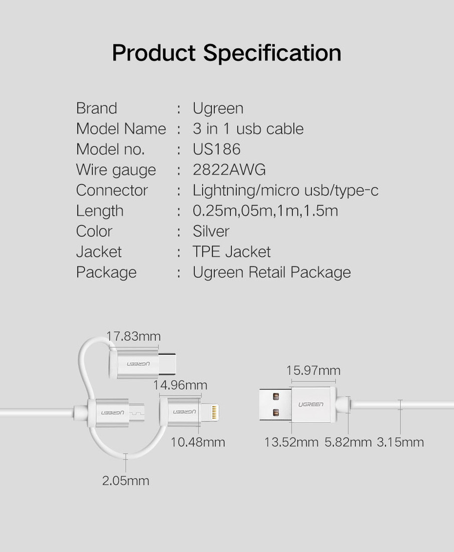 Ugreen US186-50203 USB Type-A - USB Type-C/Lightning/microUSB (1.5 м, белый) Image #2