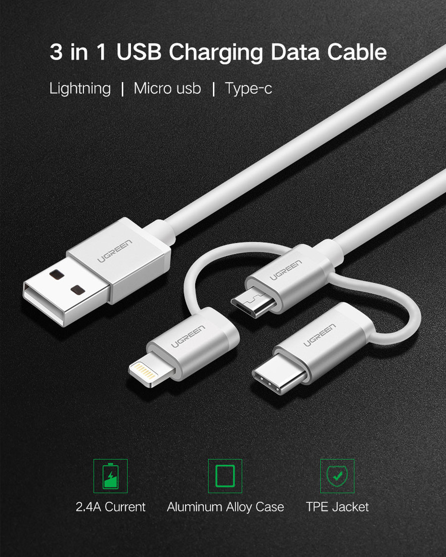 Ugreen US186-50203 USB Type-A - USB Type-C/Lightning/microUSB (1.5 м, белый)